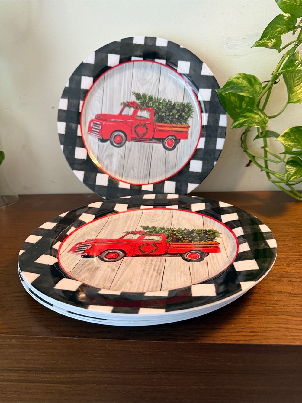 Red Vintage Truck Holiday Charger Plates with Black Checkered Rim set /6